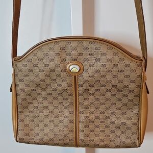 Gucci Brown Monogram Shoulder Bag with Tan Leather Trim